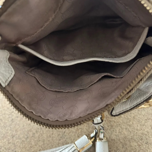 Michael Kors Monogram Drawstring Bucket Brown Mini WithTassel Crossbody Bag - Picture 6 of 14